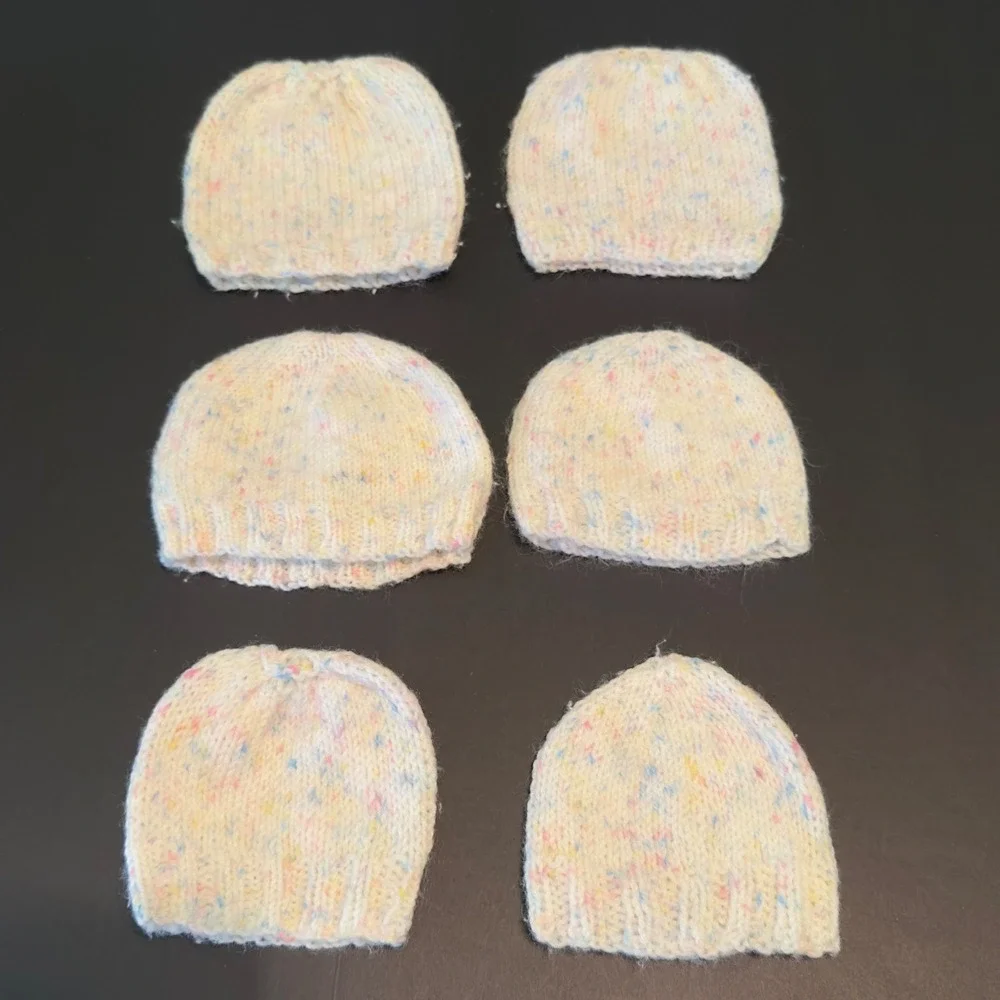 Handmade Knit Baby Blanket and 6 Matching Beanies Set Pastel Confetti Speckle